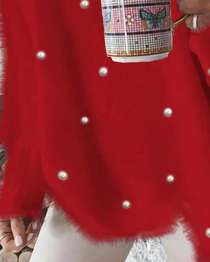 Liora - V-hals, langermet, luftig topp med perler