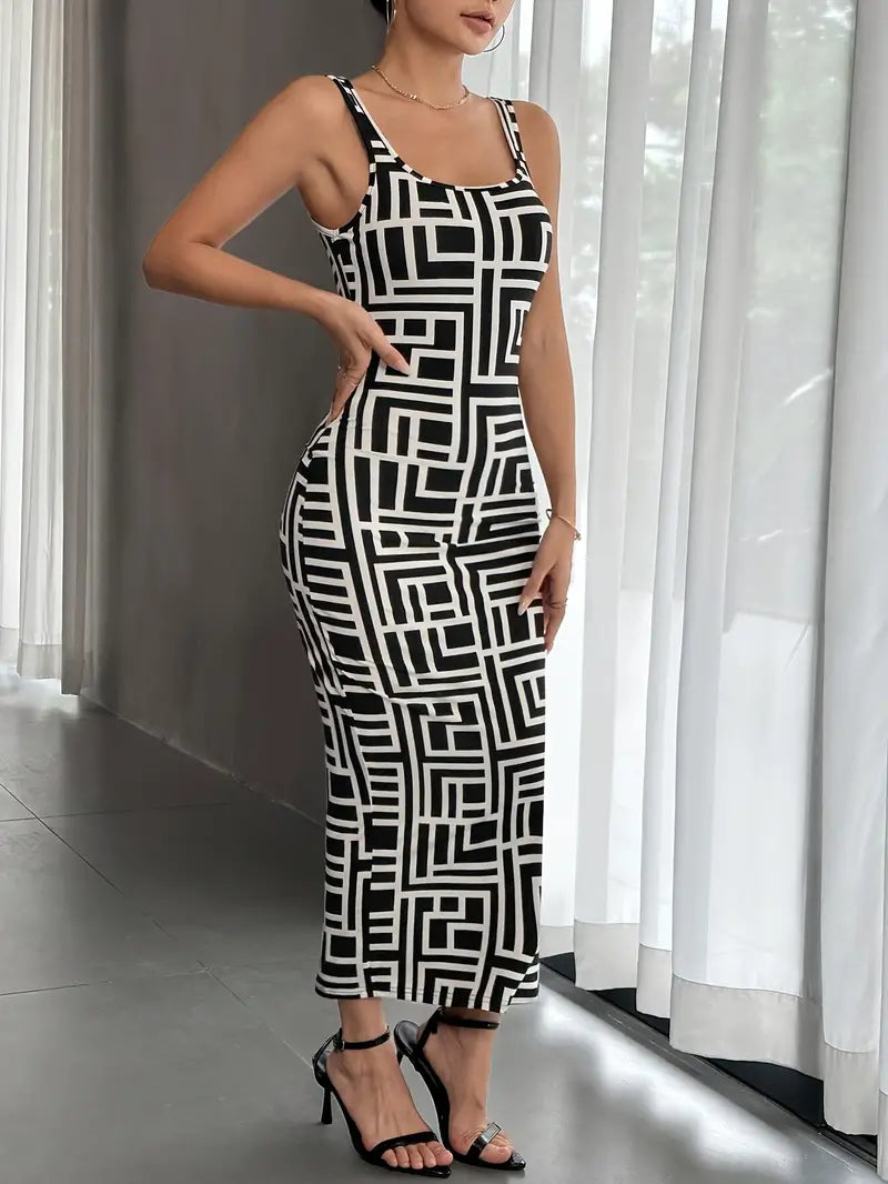 Charlotte - Bodycon kjole med geometrisk trykk og tynne spaghettistropper
