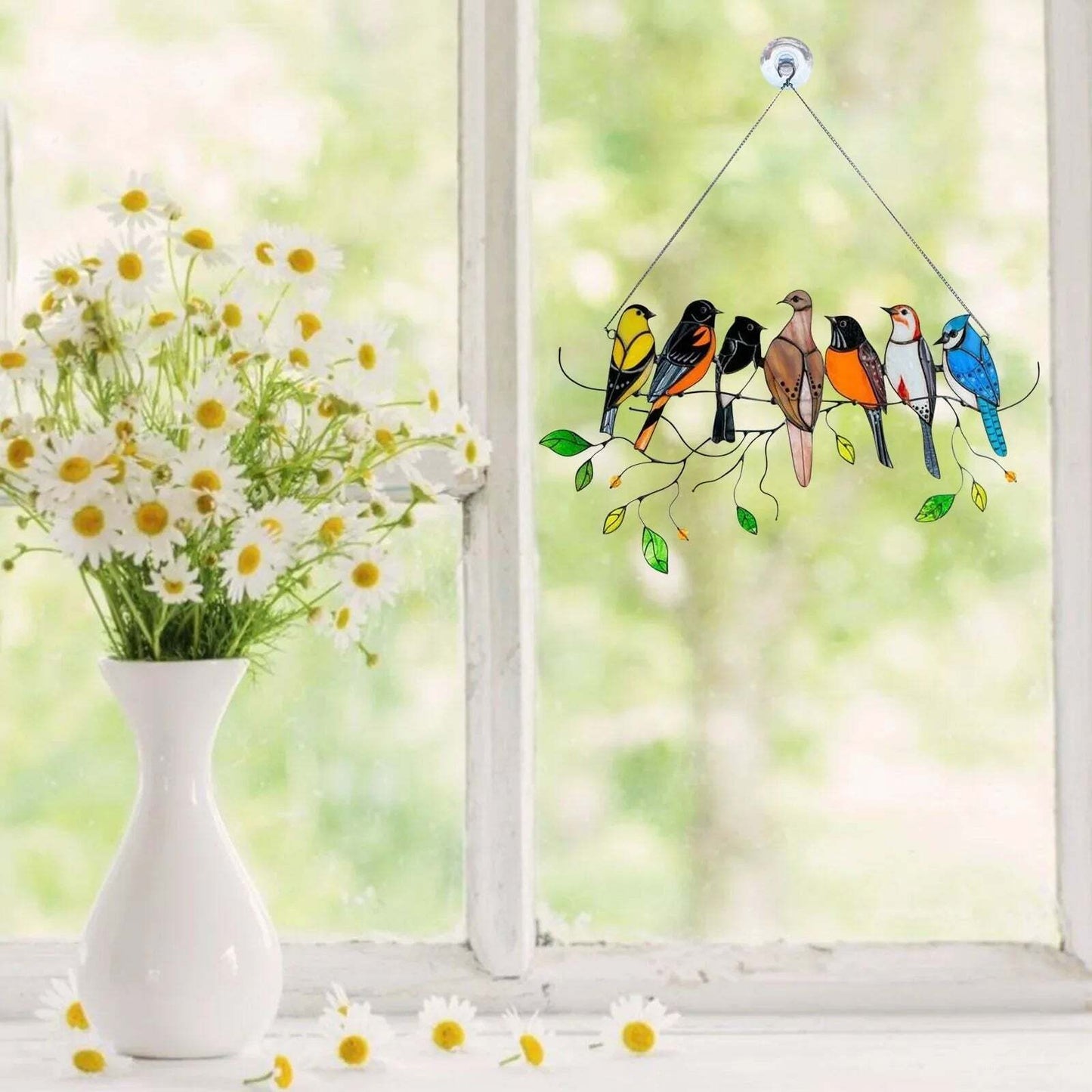 SpringBirds - Solfanger i farget glass med levende vårfugler