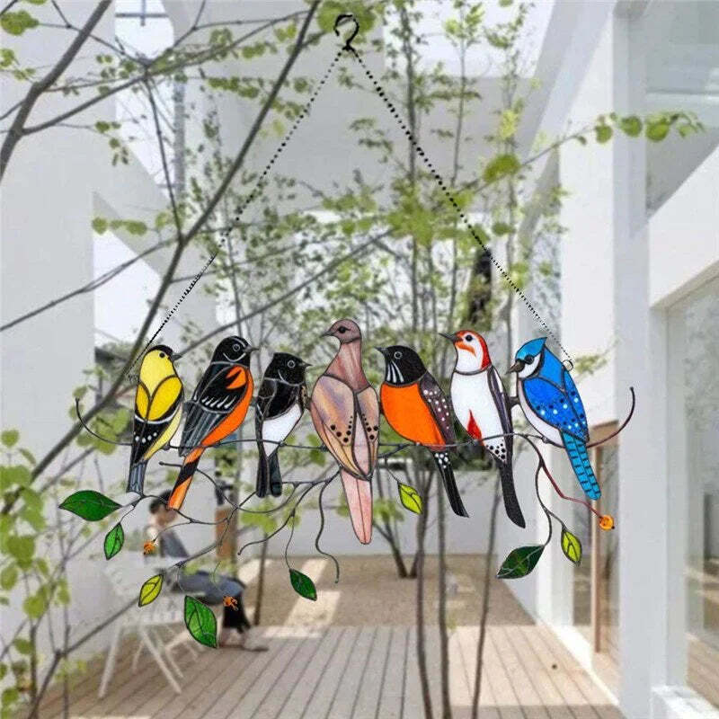 SpringBirds - Solfanger i farget glass med levende vårfugler