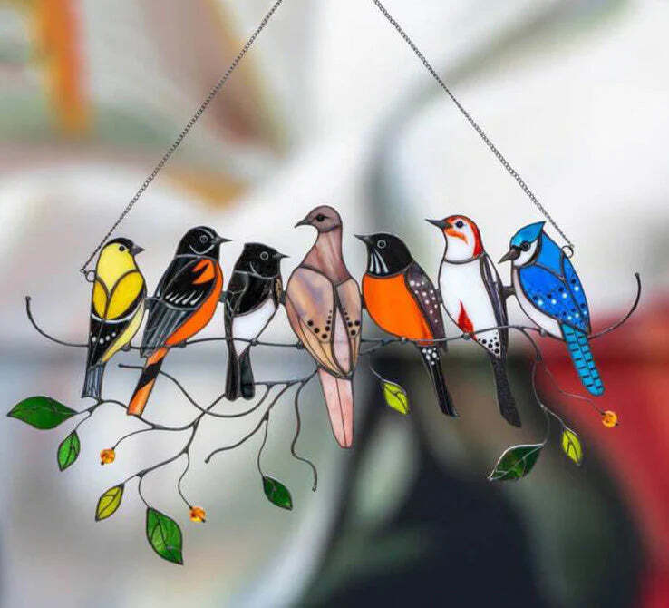 SpringBirds - Solfanger i farget glass med levende vårfugler