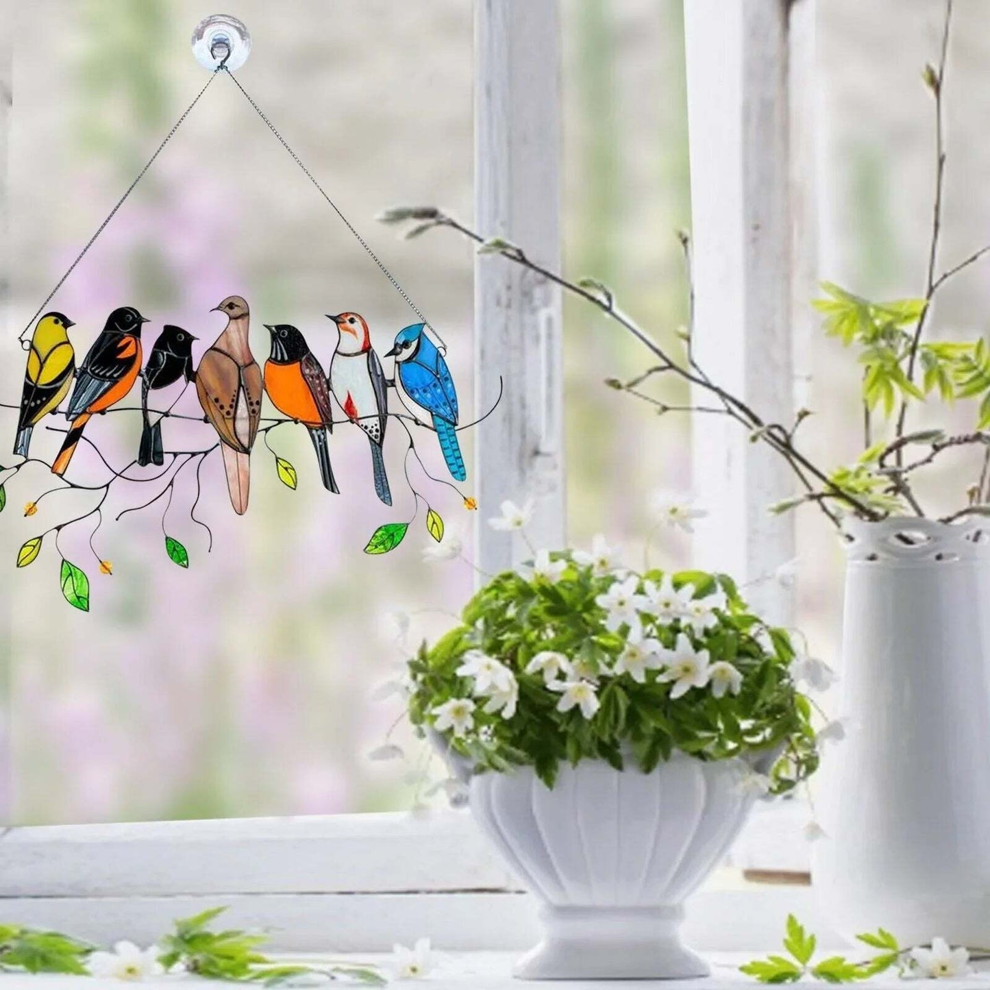 SpringBirds - Solfanger i farget glass med levende vårfugler