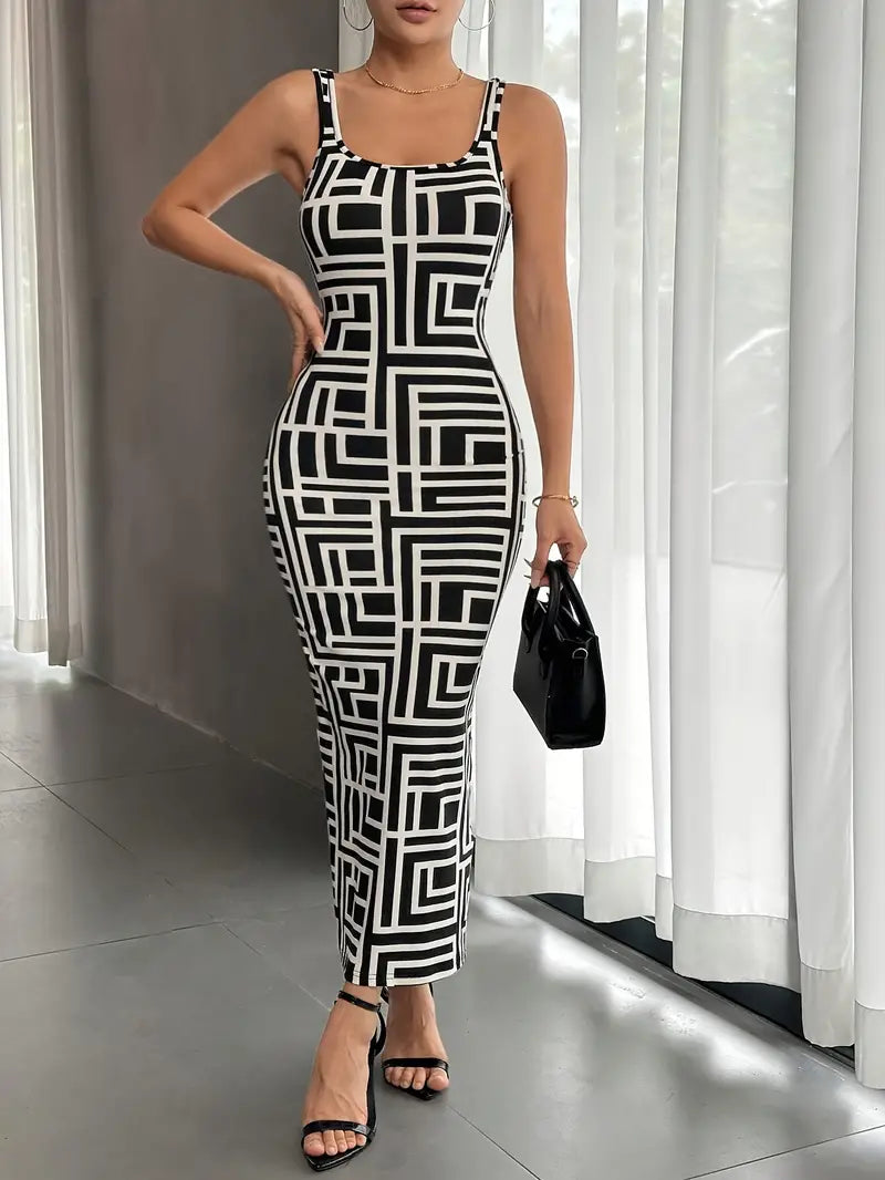 Charlotte - Bodycon kjole med geometrisk trykk og tynne spaghettistropper