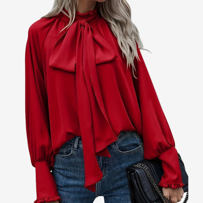 Kristine - Bluse med Sløyfe på Halsen og Puffete Lange Ermer