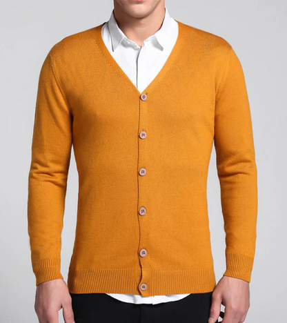 Hannes - Stilfull Langermet Strikkjakke med V Hals Slank Passform og Knapper