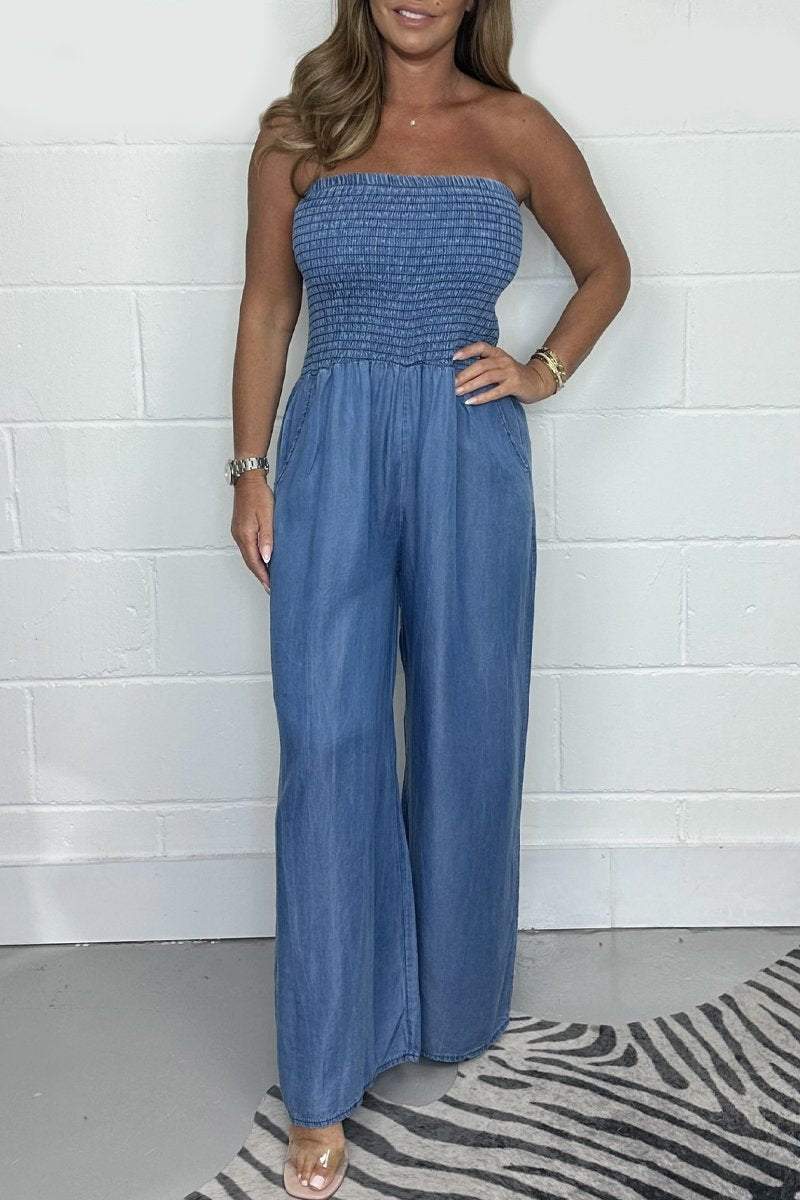 Ella - Avslappet Off Shoulder Denim Jumpsuit med brede ben