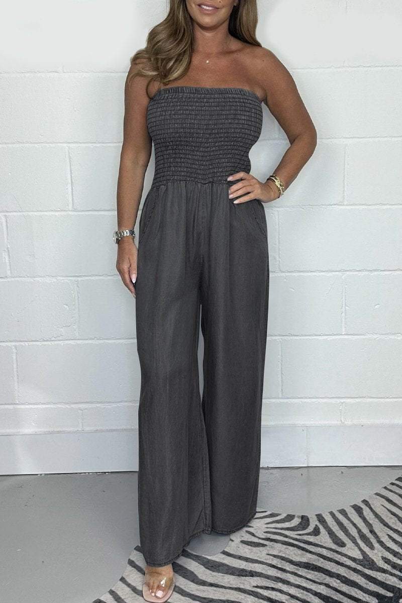 Ella - Avslappet Off Shoulder Denim Jumpsuit med brede ben