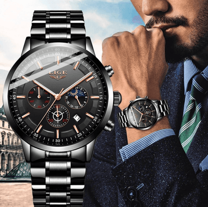 Leo - Kronografklokke i rustfritt stål med datofunksjon, svart urskive og gulldetaljer