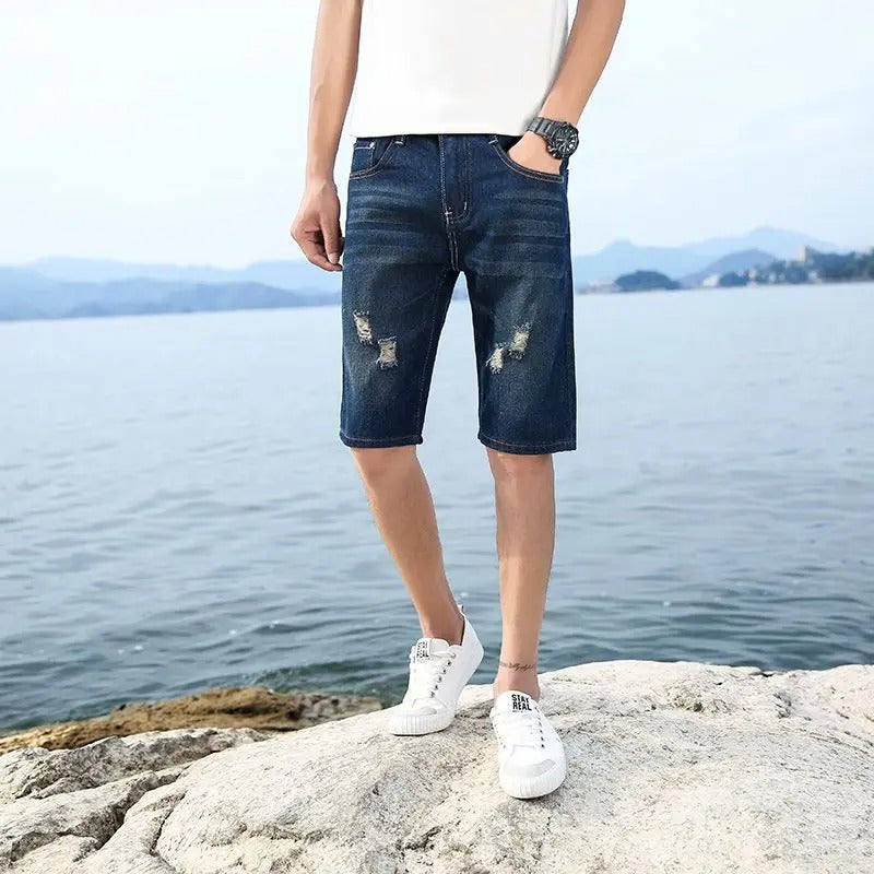 Mason - Perforerte denimshorts med knappegylf og løs passform