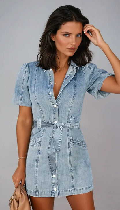 Olivia - Klassisk denimkjole med belte i midjen og puffede ermer