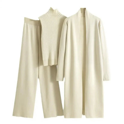 Amelia - Koselig 3-delt strikkesett med cardigan, rullehalsgenser og strikkebukse