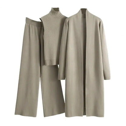 Amelia - Koselig 3-delt strikkesett med cardigan, rullehalsgenser og strikkebukse