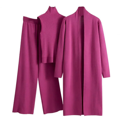 Amelia - Koselig 3-delt strikkesett med cardigan, rullehalsgenser og strikkebukse