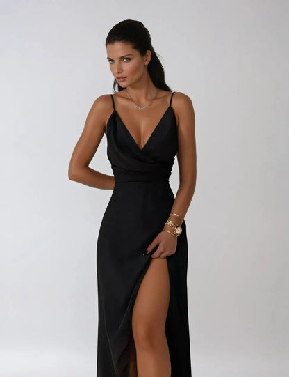 Leah - Chic drapert V-hals kjole med spalte foran