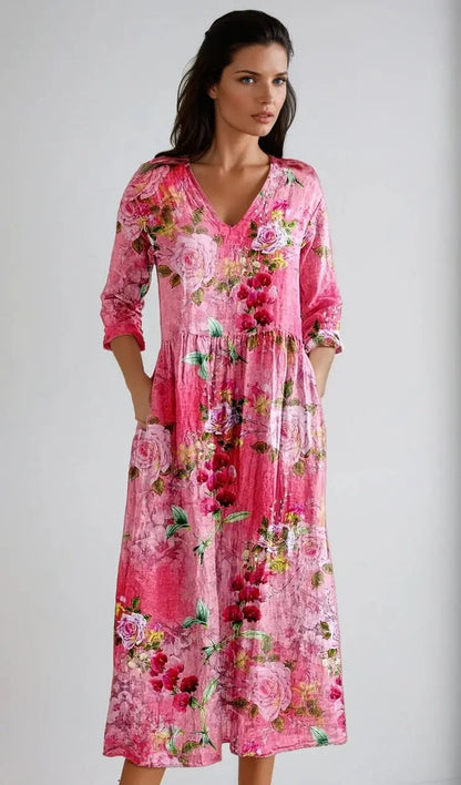 Emma - blomstret maxikjole med V-utringning